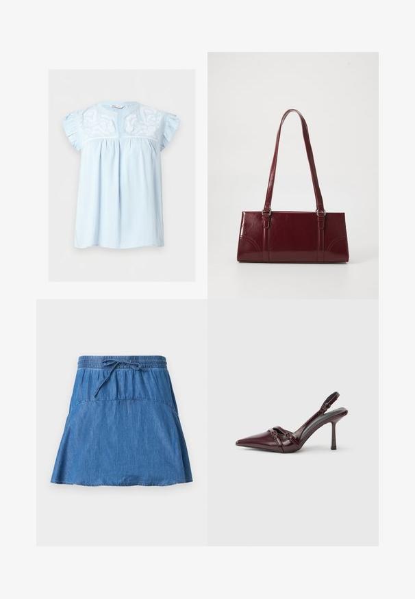 Blouse bleu clair à manches courtes avec manches à volants, broderie florale blanche sur la poitrine et une petite ouverture en V.; Jupe en jean bleu avec taille élastique et cordon de serrage, forme trapèze, et détails de coutures visibles sur un fond uni.; Escarpin slingback en cuir verni bordeaux avec bout pointu, fine bride à la cheville et petit détail décoratif de boucle. Texture lisse et talon haut.; Sac à main bordeaux en matériau brillant, de forme rectangulaire, avec deux anses et des accents légèrement courbés à l'avant.