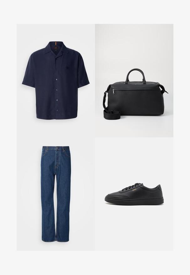 Camisa de manga corta en tejido azul marino oscuro con un acabado texturizado, que presenta un cierre de botones en la parte delantera, un cuello de punta y un discreto parche con el logo.; Jeans de denim azul con un diseño de pierna recta, que cuentan con una bragueta de botones, cinco bolsillos y costuras de contraste a lo largo de las costuras.; Zapatillas de cuero negro con una textura suave, punta redondeada, suela plana de goma y cordones a tono. Presentan el logotipo dorado "BOSS" en el lateral.; Bolsa de viaje de cuero negro con dos asas superiores, una correa de hombro desmontable y un bolsillo frontal con cremallera para almacenamiento adicional.