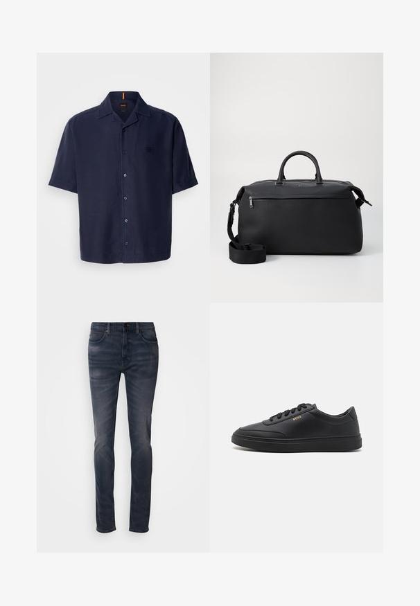 Camisa de manga corta en tejido azul marino oscuro con un acabado texturizado, que presenta un cierre de botones en la parte delantera, un cuello de punta y un discreto parche con el logo.; Vaqueros de mezclilla de lavado oscuro con un ajuste slim, que cuentan con cierre de botones, cinco bolsillos y un sutil desgaste. Diseño de pierna recta con textura suave.; Zapatillas de cuero negro con una textura suave, punta redondeada, suela plana de goma y cordones a tono. Presentan el logotipo dorado "BOSS" en el lateral.; Bolsa de viaje de cuero negro con dos asas superiores, una correa de hombro desmontable y un bolsillo frontal con cremallera para almacenamiento adicional.