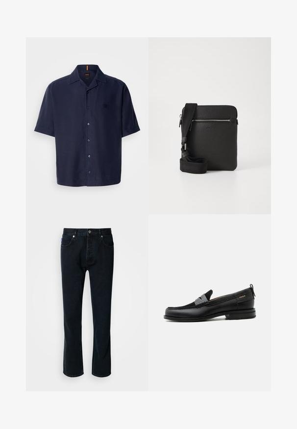 Camisa de manga corta en tejido azul marino oscuro con un acabado texturizado, que presenta un cierre de botones en la parte delantera, un cuello de punta y un discreto parche con el logo.; HUGO JONAH - Vaqueros rectos - dark blue; Mocasín de cuero negro con detalle de tira gris, tacón bajo y suela texturizada, con la marca "HUGO" en oro en el lateral.; Bolso cruzado de cuero negro con superficie texturizada, bolsillo frontal con cremallera y correa de tela ajustable. Diseño cuadrado simple.
