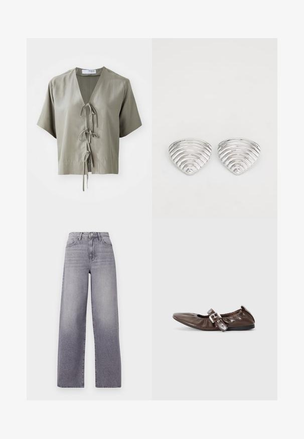 Kortærmet, olivengrønt bluse med V-hals og frontbinding. Lavet af glat stof med minimale sømme og en afslappet pasform.; Højtaljede, vide jeans i lysegrå denim. Har et klassisk fem-lomme design, diskret fading og en metalknaplukning.; Brun lakeret flad sko med spids tå, elastisk sløjfedetalje og en sølvspændeaccent på siden. Sort gummisål.; Sølvfarvede øreringe med et bølget, tekstureret design, formet som overlappende halvmåner; den polerede overflade fremhæver de reflekterende egenskaber.