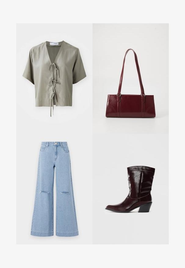 Kortærmet, olivengrønt bluse med V-hals og frontbinding. Lavet af glat stof med minimale sømme og en afslappet pasform.; Lyseblå bredbenede jeans med høj talje, der har to forlommer og to slidte knædetaljer, fremstillet af denimmateriale.; Bordeaux læder ankelstøvler med spids tå, tekstureret overflade og en lav, taperet hæl. Har diskrete søm og en tætsiddende pasform.; Bordeaux håndtaske lavet af glansfuldt materiale, rektangulær form, med to skulderremme og subtile buede detaljer på forsiden.