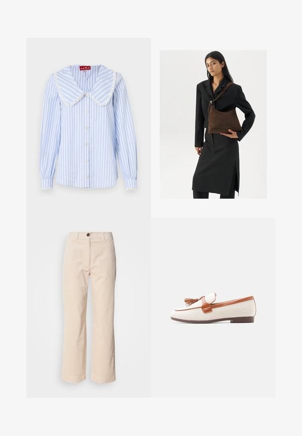 Hellblau gestreiftes Hemd mit großem weißen Spitzenkragen, dekorativen Knöpfen und elastischen Manschetten. Hergestellt aus einem Stoff mit glatter Textur.; Beige Cordhosenhose mit geradem Bein, Frontknopfverschluss und seitlichen Taschen, sichtbar auf einem weißen Hintergrund.; Damen Slipper mit beigefarbenem Stoff, braunem Lederbesatz, Quastendetail und brauner flacher Sohle, seitlich auf weißem Hintergrund gezeigt.; Frau trägt ein schwarzes Blazer und einen Rock, hält eine große dunkelbraune Wildleder-Umhängetasche vor einem weißen Hintergrund.