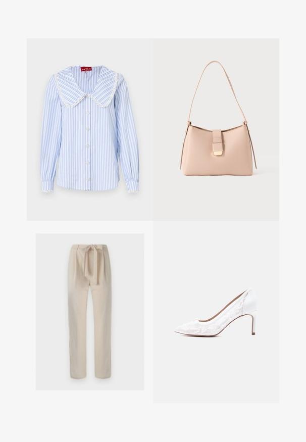 Lichtblauw gestreept shirt met een grote witte kantenkraag, decoratieve knopen en elastische manchetten. Gemaakt van een stof met een gladde textuur.; Beige broek met hoge taille en een stoffen riem gestrikt in een strik, rechte pijp en minimale details op een effen achtergrond.; Witte pumps met hoge hak, voorzien van een kanten overlay met bloemmotieven, een puntige neus en een gladde witte leren hak.; Lichtroze handtas met een gebogen vorm, gemaakt van een gestructureerd materiaal. Heeft een platte riem en een goudkleurig sluitingsdetail aan de voorkant.