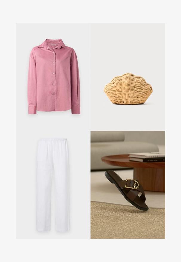 Chemise longue à manches longues rose avec un col pointu et une fermeture à boutons. Texture douce et coupe décontractée avec des poignets boutonnés et sans motifs visibles.; ASPESI PANTALONE - Pantalon classique - white; Sandale à enfiler en cuir marron avec boucle dorée sur un tapis beige, table basse en bois et livres en arrière-plan.; Sac à main en rotin tissé en forme de coquille Saint-Jacques de couleur brun clair naturel avec des bords arrondis et texturés.