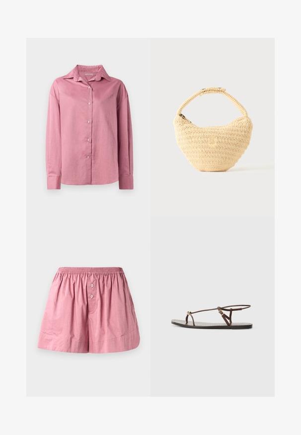 Chemise longue à manches longues rose avec un col pointu et une fermeture à boutons. Texture douce et coupe décontractée avec des poignets boutonnés et sans motifs visibles.; Shorts de nuit en coton rose avec une taille élastique, deux boutons à l'avant et une coupe ample. Le tissu est lisse avec une texture légèrement froissée.; Sandale en cuir marron avec des fines lanières, un accent circulaire doré et une semelle plate. Design minimaliste avec un détail de boucle réglable.; Sac à main beige tissé avec corps arrondi, fermeture éclair et une sangle courte et épaisse dans un style crochet simple et texturé.