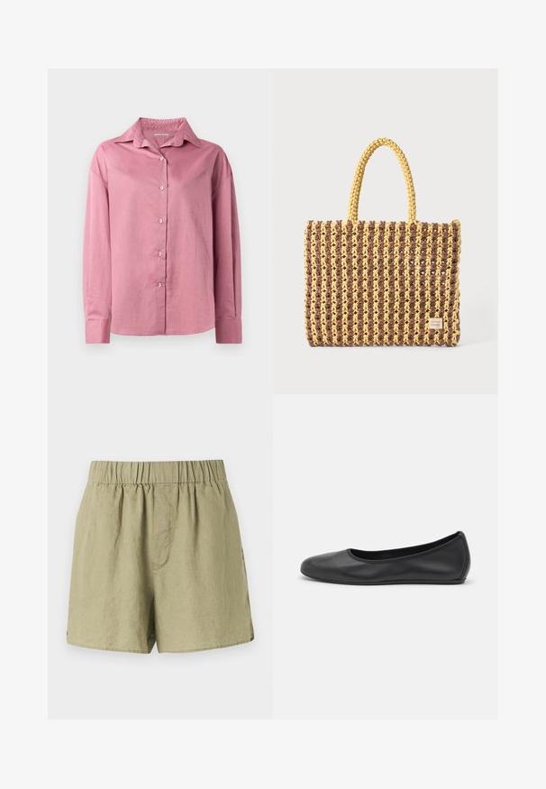 Camisa de manga larga rosa con cuello puntiagudo y cierre frontal de botones. Textura suave y corte relajado con puños abotonados y sin patrones visibles.; Shorts de lino verde claro con cintura elástica, bolsillos laterales y un ajuste relajado. Presenta una tela suave y ligeramente texturizada.; Bailarina de piel negra con punta redondeada, textura suave, detalle de costura minimalista y diseño de suela flexible.; Bolso tejido en marrón y amarillo, con forma rectangular, dos asas y un acabado texturizado con costuras visibles y una etiqueta de marca.