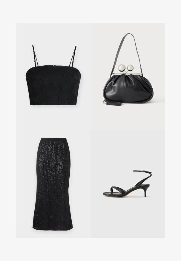 Μαύρο crop top με λεπτές ρυθμιζόμενες τιράντες και υφή από φλοράλ ζακάρ σε απλό ανοιχτό φόντο.; Μαύρη φούστα με στενή ζώνη στη μέση, που διαθέτει κατακόρυφες πούλιες για υφή. Το τελείωμα καμπυλώνει ελαφρώς, δημιουργώντας μια κομψή σιλουέτα.; Γυναικεία μαύρη δερμάτινη σάνδαλα με λεπτές τιράντες, λουράκι για τα δάχτυλα, αγκράφα στον αστράγαλο και μεσαίου ύψους τακούνι στιλέτο σε ουδέτερο φόντο.; Μαύρη δερμάτινη τσάντα με στρογγυλό σχέδιο, μονό λουρί, ασημένιο μεταλλικό πλαίσιο και δύο μεγάλους στρογγυλούς ασημένιους κλειδώματα.