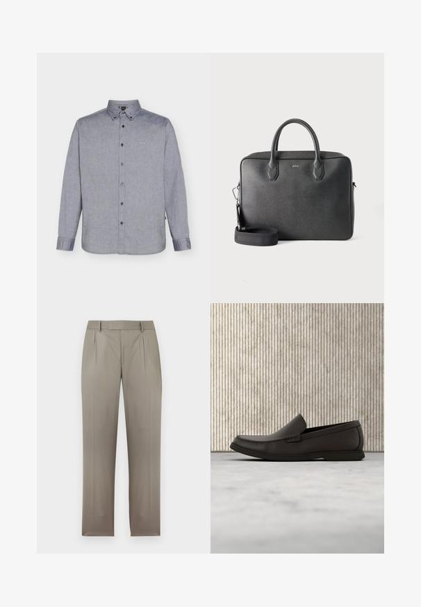 Chemise grise à manches longues, boutonnée avec col et logo "BOSS" brodé sur la poitrine gauche.; Pantalon sur mesure marron clair avec passants de ceinture, plis avant et jambes droites, présenté sur fond blanc.; Mocassins en cuir marron foncé avec un bout arrondi, des détails de couture discrets et une semelle en caoutchouc basse. Texture lisse avec un ajustement flexible.; Serviette en cuir noire avec deux poignées supérieures, bandoulière détachable et petit logo BOSS centré à l'avant sur fond uni.