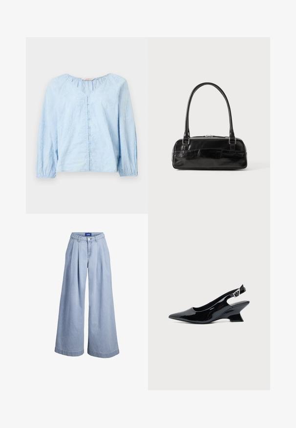 Blouse bleu clair à manches longues avec col en V, devant boutonné, poignets élastiques et motif subtil de broderie florale.; Pantalon en denim bleu clair à jambes larges avec plis à l'avant, fermeture par boutons et étiquette JJXX sur la ceinture intérieure.; Chaussure slingback en cuir verni noir avec bout pointu et petit talon bloc incliné sur fond clair uni.; Sac à main en cuir noir de forme rectangulaire, doté d'une seule ansse structurée, de quincaillerie argentée et d'une fermeture éclair. Texture lisse.