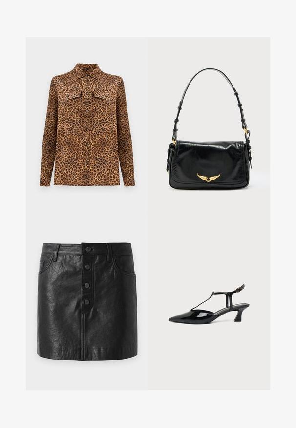 Chemise imprimé léopard avec col, manches longues et deux poches poitrine. Fabriquée en tissu doux aux tons marron, noir et beige.; Jupe en cuir noir avec une taille haute, fermeture à bouton sur le devant, deux poches latérales et une forme légèrement évasée. Fini texturé.; Chaussure slingback en cuir verni noir à bout pointu avec bride en T et petit talon bloc incliné sur fond blanc.; Sac à main en cuir noir avec un rabat courbé, orné d'un accent doré en forme d'aile, bandoulière réglable et texture lisse et brillante.
