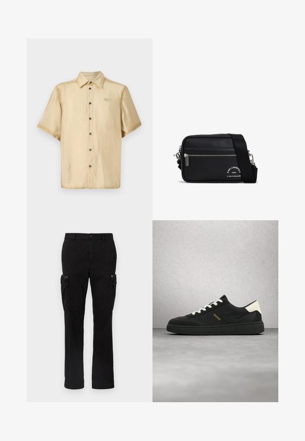 Chemise à manches courtes en satin beige clair avec une finition brillante, fermeture à boutons sur le devant et un petit logo sur la poitrine gauche.; Pantalons cargo noirs en coton, avec deux poches latérales, une coupe droite et des coutures visibles sur les bords.; Baskets noires avec lacets blancs et languette de talon, logo « HUGO » sur le côté, présentées en suspension dans les airs sur un fond de sol gris et mur en blocs de verre.; Sac crossbody synthétique noir avec fermeture éclair argentée, bandoulière réglable et impression de logo. Dispose d'une forme rectangulaire et d'une texture lisse.