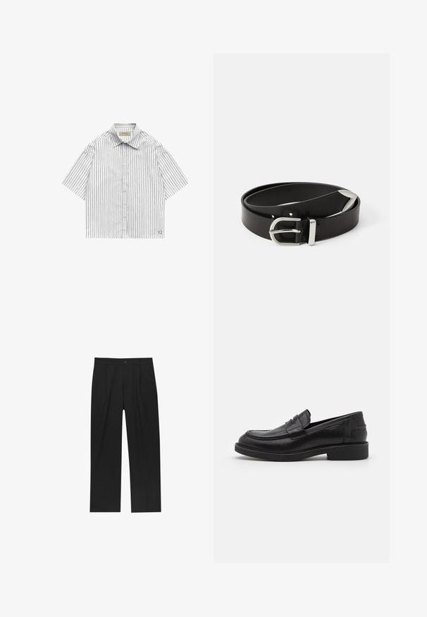 Chemise blanche à manches courtes avec boutons, rayures verticales noires et col pointu, étalée à plat sur fond blanc.; Pantalons noirs au design droit, fabriqués à partir d'un tissu lisse. Dotés de plis sur le devant et d'une fermeture à un bouton à la taille.; Mocassins en cuir noir avec un bout arrondi, des coutures ton sur ton et un détail de sangle à l'avant. Semelle en caoutchouc avec un petit talon.; Ceinture en cuir noir avec une boucle en métal argenté, présentant un design classique et une texture lisse. Comprend des trous pour un ajustement flexible.