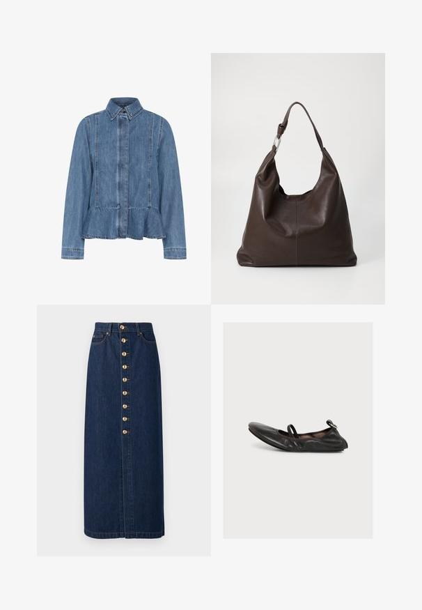 Lysblå denimjakke med peplumnederdel, spids krave og knaplukning fortil. Har synlige sting og lange ærmer.; Denim midi nederdel i mørkeblå med lige snit, der har knaplukning foran og guldfarvede knapper ned langs midten.; Sort læder flad sko med rund tå, elastisk strop over toppen og lille spænde detalje på hælen, vist i sidevisning på hvid baggrund.; Zign LEATHER - Shopping bags - chocolate brown