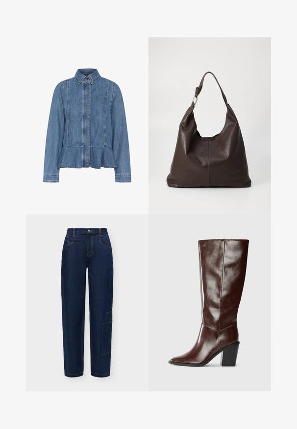 Jeansjacke in Hellblau mit einem Peplumsaum, spitzem Kragen und vorderem Knopfverschluss. Mit sichtbaren Nähten und langen Ärmeln.; Dunkelblaue Jeans mit geradem Bein, Vordertaschen, Knopf- und Reißverschluss sowie einer seitlichen Cargotasche am rechten Bein.; Hohe, dunkelbraune Lederstiefel mit einer spitzen Zehe und einem gestapelten Blockabsatz, seitlich vor einem schlichten Hintergrund dargestellt.; Zign LEATHER - Shopping Bag - chocolate brown