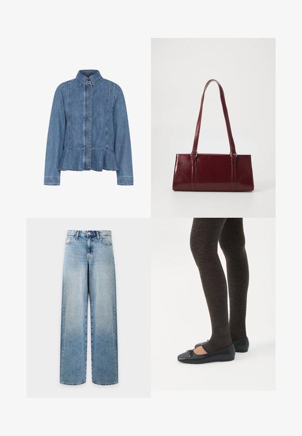 Lysblå denimjakke med peplumnederdel, spids krave og knaplukning fortil. Har synlige sting og lange ærmer.; Lyseblå vidde jeans med klassisk fem-lomme design og knaplukning, vist forfra på en hvid baggrund.; Ben iført mørke ribbede leggings kombineret med sorte balletsko med små sløjfedetaljer på hvid baggrund.; Bordeaux håndtaske lavet af glansfuldt materiale, rektangulær form, med to skulderremme og subtile buede detaljer på forsiden.