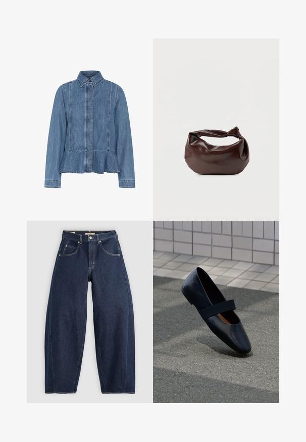 Jeansjacke in Hellblau mit einem Peplumsaum, spitzem Kragen und vorderem Knopfverschluss. Mit sichtbaren Nähten und langen Ärmeln.; Dunkelblaue Denim-Jeans mit lockerer Passform, heller Naht, fünf Taschen und einem Knopfverschluss am Bund.; Schwarze Leder-Ballerina mit runder Zehenpartie, ausgestattet mit einem weichen schwarzen Elastikband über dem Vorderfuß. Glatte Textur und minimalistisches Design.; Dunkelbraune Lederschultertasche mit weicher, lockerer Form und einem gedrehten Knotengriff vor schlichtem weißem Hintergrund.
