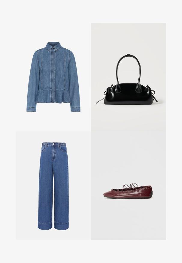 Jeansjacke in Hellblau mit einem Peplumsaum, spitzem Kragen und vorderem Knopfverschluss. Mit sichtbaren Nähten und langen Ärmeln.; Weit geschnittene blaue Jeans aus Denim mit geflochtenem Bund, vorderer Knopfleiste und Taschen, auf schlichtem Hintergrund präsentiert.; Bordeauxfarbene Leder-Ballerinas mit spitzer Zehenpartie, mit Spitzenverzierungen an der Vorderseite und silbernen Ösen. Weiche Sohle für Flexibilität und Komfort.; Kleine schwarze glänzende Handtasche mit zwei langen Griffen und seitlichen Kordelzug-Details vor einfachem hellem Hintergrund.