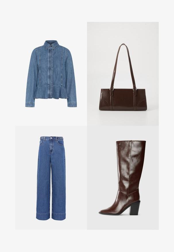 Jeansjacke in Hellblau mit einem Peplumsaum, spitzem Kragen und vorderem Knopfverschluss. Mit sichtbaren Nähten und langen Ärmeln.; Weit geschnittene blaue Jeans aus Denim mit geflochtenem Bund, vorderer Knopfleiste und Taschen, auf schlichtem Hintergrund präsentiert.; Hohe, dunkelbraune Lederstiefel mit einer spitzen Zehe und einem gestapelten Blockabsatz, seitlich vor einem schlichten Hintergrund dargestellt.; Braune Lackleder-Handtasche in rechteckiger Form, mit zwei langen Griffen und subtilen, geschwungenen Akzenten auf der Vorderseite.
