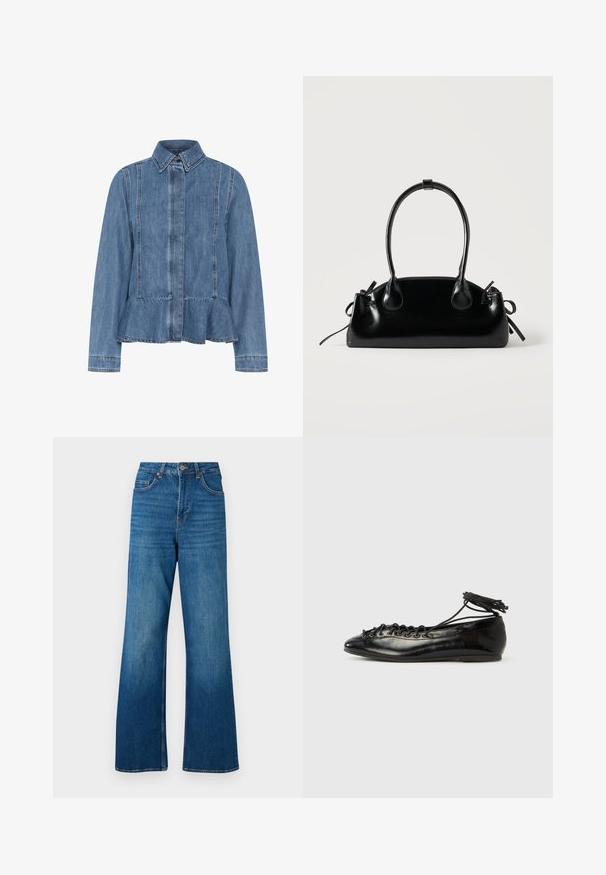 Lysblå denimjakke med peplumnederdel, spids krave og knaplukning fortil. Har synlige sting og lange ærmer.; Bredde ben blå denim jeans med høj talje, lys falmning og klassisk fem-lomme design; har guldfarvet metal hardware og stikninger i kanten.; Sorte balletflade sko i laklæder med rundet tå, snørelukning og flad sål. Glat tekstur med få detaljer.; Lille sort blank håndtaske med to lange håndtag og snøre-detaljer i siden på en ensfarvet lys baggrund.