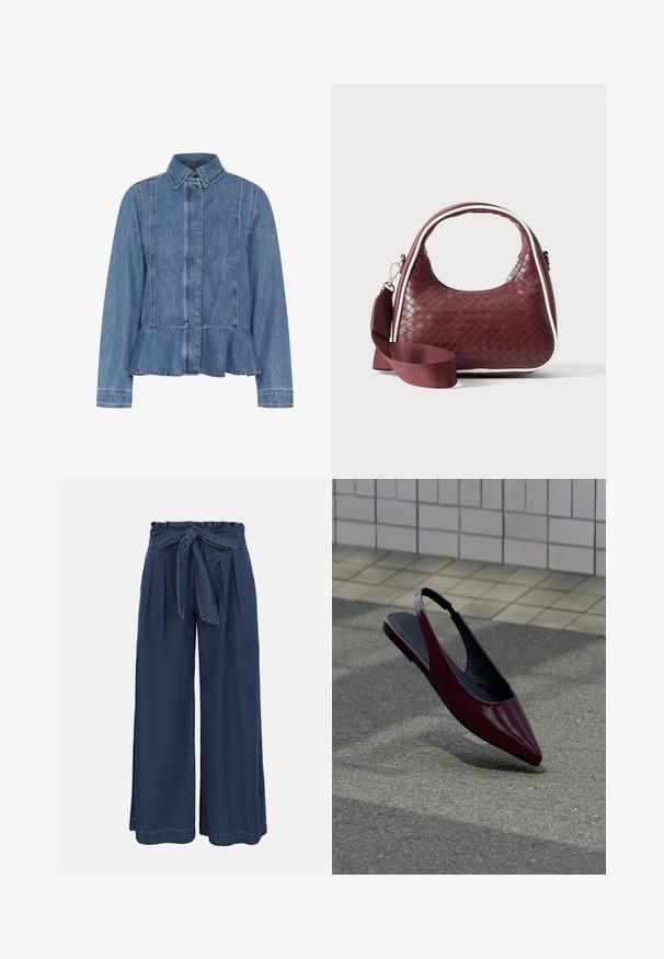 Jeansjacke in Hellblau mit einem Peplumsaum, spitzem Kragen und vorderem Knopfverschluss. Mit sichtbaren Nähten und langen Ärmeln.; Hoch taillierte, weit geschnittene dunkelblaue Hose mit plissierter Vorderseite und einem gebundenen Stoffgürtel an der Taille.; Bordeauxfarbener Slingback-Flachschuh aus Lackleder mit spitzer Spitze, der über einem strukturierten Bürgersteig nahe einer gefliesten Wand schwebt.; Dunkelrote gewebte Ledertasche mit gebogenem Griff, weißem Besatz, silbernem Reißverschluss und abnehmbarem breitem Stoff-Schulterriemen vor einfarbigem Hintergrund.