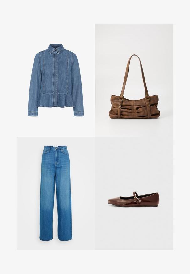 Lysblå denimjakke med peplumnederdel, spids krave og knaplukning fortil. Har synlige sting og lange ærmer.; Blå højtaljede vide jeans med frontknap og lynlås, for- og baglommer samt stikninger i kanten på en hvid baggrund.; Brun patentlæder balletflade med firkantet tå og strop med en lille guldbuckle. Glat tekstur, lav hæl og minimalistisk design.; Even&Odd Håndtasker - brown