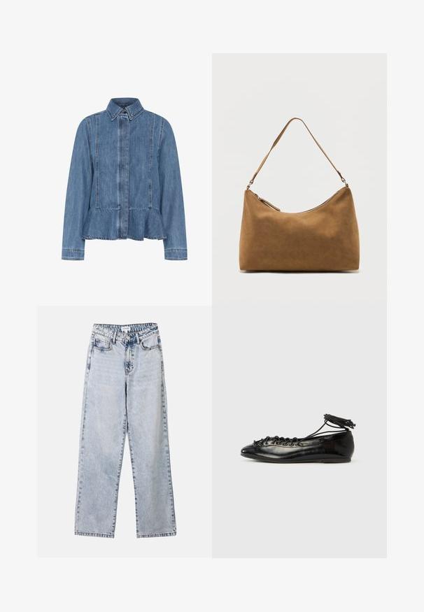 Jeansjacke in Hellblau mit einem Peplumsaum, spitzem Kragen und vorderem Knopfverschluss. Mit sichtbaren Nähten und langen Ärmeln.; Helle blaue Straight-Leg-Jeans aus Denim, ausgestattet mit zwei vorderen Taschen, einem Knopfverschluss und kontrastierenden Nähten entlang der Säume.; Schwarze Ballerinas aus Lackleder mit runder Spitze, Schnürdesign und flacher Sohle. Glatte Textur mit minimaler Verzierung.; Braune Wildleder-Umhängetasche mit einem einzelnen Träger und einem Reißverschluss oben, präsentiert vor einem schlichten weißen Hintergrund.