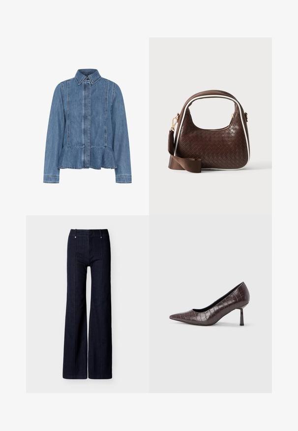 Jeansjacke in Hellblau mit einem Peplumsaum, spitzem Kragen und vorderem Knopfverschluss. Mit sichtbaren Nähten und langen Ärmeln.; Dunkelblaue, weit geschnittene Jeans mit hoher Taille und vertikalen Nähten entlang der Vorderseite auf weißem Hintergrund.; Braune Pumps mit spitz zulaufender Spitze aus Kunstleder in Krokodiloptik, mit schlankem, eckigem Absatz und glatter Innenfütterung.; Braune gewebte Lederhandtasche mit weißer Paspel, goldenem Reißverschluss und abnehmbarem braunem Stoff-Schulterriemen.