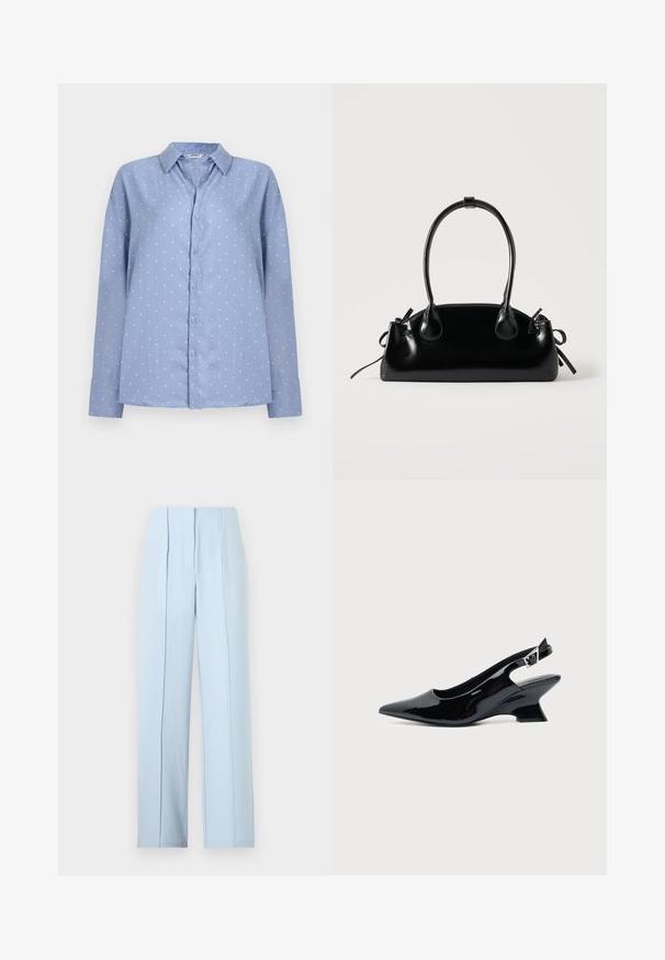 Chemise bleu clair à manches longues avec boutons, à pois blancs et col pointu, présentée sur un fond clair uni.; Pantalon large taille haute bleu clair avec plis devant et fermeture à glissière cachée sur un fond uni.; Chaussure slingback en cuir verni noir avec bout pointu et petit talon bloc incliné sur fond clair uni.; Petit sac à main noir brillant avec deux longues anses et des détails à cordon sur les côtés sur un fond clair uni.