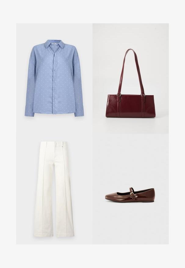 Chemise bleu clair à manches longues avec boutons, à pois blancs et col pointu, présentée sur un fond clair uni.; Pantalon blanc taille haute à jambes larges avec coutures avant et passants pour ceinture, présenté sur un fond clair uni.; Ballerine en cuir verni marron avec un bout carré et une lanière ornée d'une petite boucle dorée. Texture lisse, talon bas et design minimaliste.; Sac à main bordeaux en matériau brillant, de forme rectangulaire, avec deux anses et des accents légèrement courbés à l'avant.