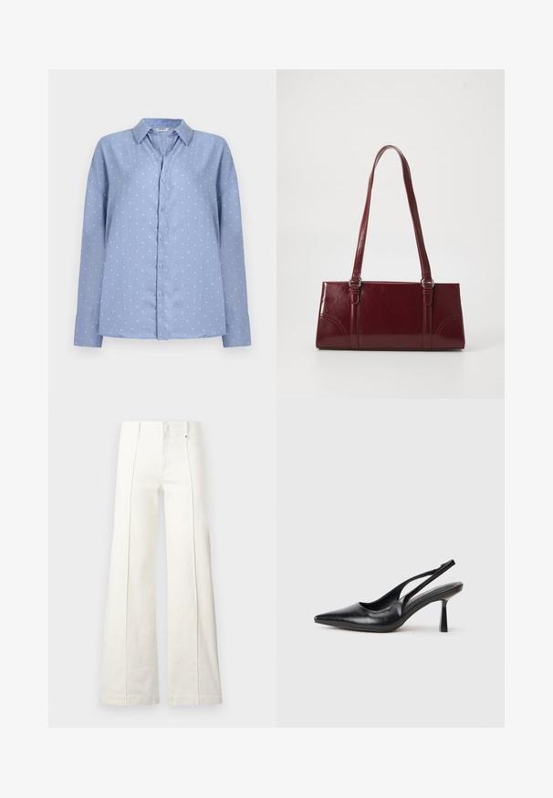 Chemise bleu clair à manches longues avec boutons, à pois blancs et col pointu, présentée sur un fond clair uni.; Pantalon blanc taille haute à jambes larges avec coutures avant et passants pour ceinture, présenté sur un fond clair uni.; Chaussure à talon haut en cuir noir, à bride arrière, avec un bout pointu et un talon fin sur fond blanc.; Sac à main bordeaux en matériau brillant, de forme rectangulaire, avec deux anses et des accents légèrement courbés à l'avant.