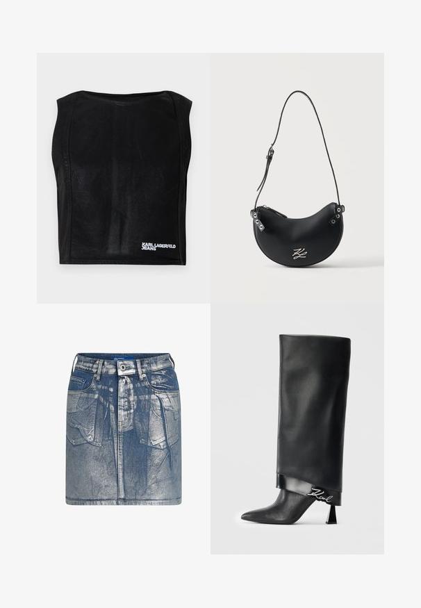 Sort ærmeløs kort top med bådudskæring og hvid "KARL LAGERFELD JEANS" logo nederst til højre.; Lysblå denim mini-skjorte med en falmet tekstur. Har forlommer, bæltestropper og en metalknaplukning. Synlige syninger.; Sort læderboot til midt på læggen med spids tå, geometrisk blokhæl og skinnende kant med et sølv "Karl" logo detajle.; Sort læder skuldertaske i halvmåneform med justerbar tynd rem og lille sølvlogo foran.