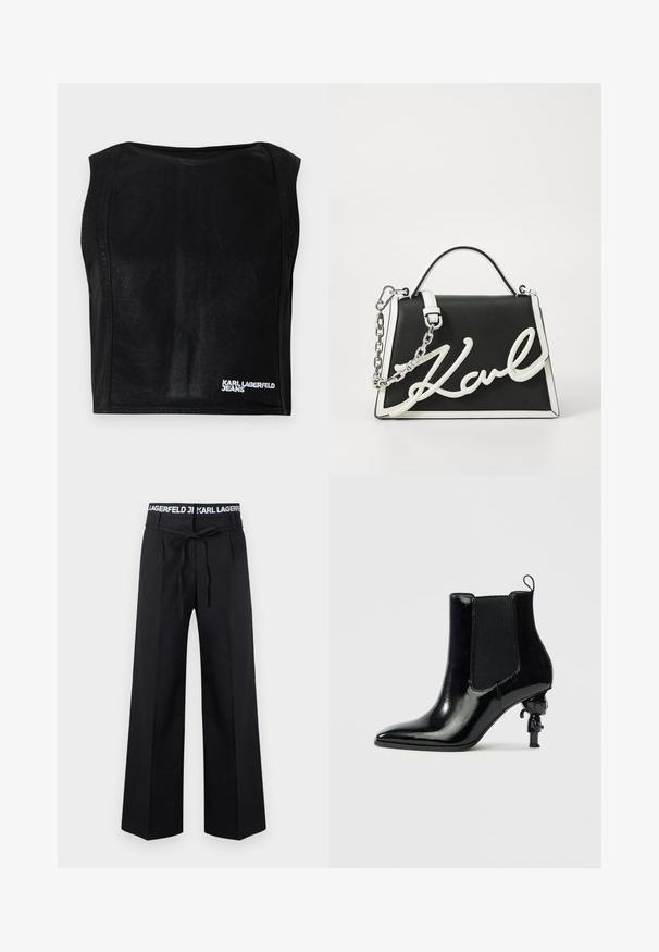 Sort ærmeløs kort top med bådudskæring og hvid "KARL LAGERFELD JEANS" logo nederst til højre.; Sorte bukser med vide ben, et bundet bælte og en mærket talje med teksten "KARL LAGERFELD" i hvidt.; Sort ankelstøvle i laklæder med elastiske sidepaneler, spids tå og en unik skulpturel hældesign med en lille figur.; Sort læderhåndtaske med hvide accenter. Har kædstrap, struktureret form og fremtrædende hvidt logo detaljer. Glat tekstur.