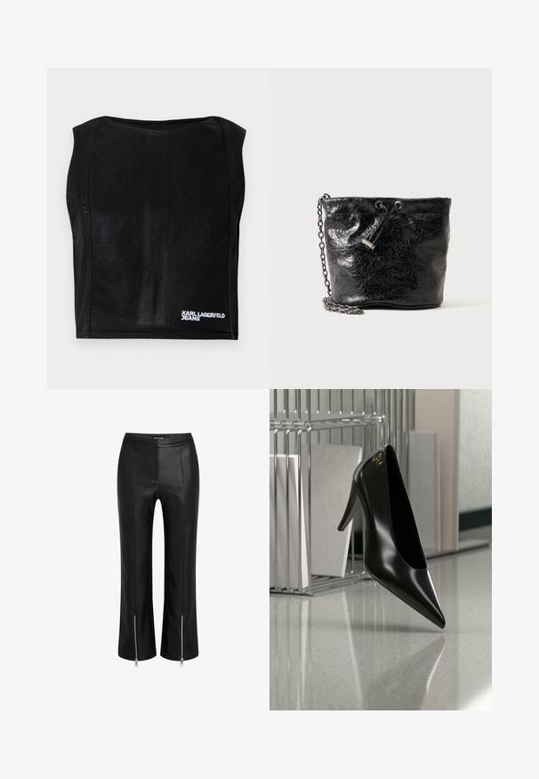 Sort ærmeløs kort top med bådudskæring og hvid "KARL LAGERFELD JEANS" logo nederst til højre.; Sorte læderbukser med en tætsiddende pasform, der har lynlåslukninger ved kanten, flad front og synlige sømdetaljer. Glat tekstur hele vejen igennem.; Sort højhælet sko med spids tå og guldlogo, placeret på en reflekterende overflade nær en krom trådfilholder med dokumenter.; Sort skinnende læder bucket taske med snørelukning og metal kæderem på ensfarvet baggrund.