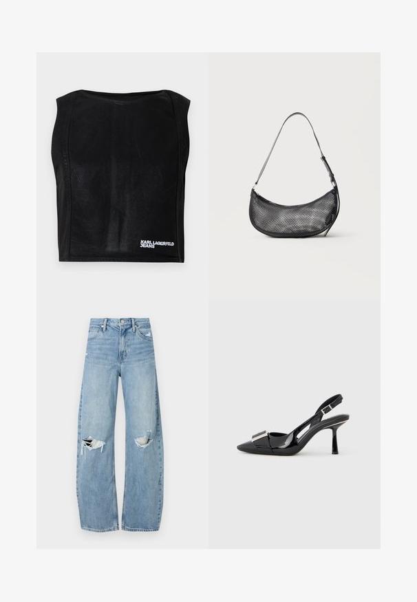 Mustat hihattomat lyhyt paita, jossa on venekaula-aukko ja valkoinen "KARL LAGERFELD JEANS" -logo ala-oikeassa kulmassa.; Vaaleansiniset, korkeavyötäröiset farkut, jotka on valmistettu denimmateriaalista. Ominaisuuksiin kuuluvat leveät lahkeet, kaksi revittyä polvialuetta ja klassinen viiden taskun tyyli.; Musta kiiltonahkainen slingback-avokas, jossa on terävä kärki ja metallinen koriste yläosassa. Siinä on hoikka korko ja säädettävä remmi.; Pieni musta verkko-olkalaukku puolikuun muotoinen, säädettävällä ohuella hihnalla, yksivärisen vaalean taustan edessä.