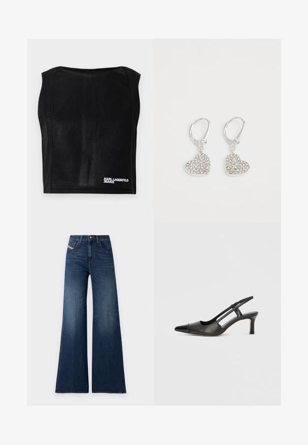 Sort ærmeløs kort top med bådudskæring og hvid "KARL LAGERFELD JEANS" logo nederst til højre.; Højtaljede mørkeblå brede bukser med for- og møntlommer, knaplukning og subtile slidser på lårene.; Sort læder slingback-sko med spids tå, der har en blank accent på tåhætten og en mellemhøj hæl. Åben sidesektion.; Sølvfarvede hjerteformede øreringe prydet med klare rhinsten, med laveringer for sikker bæring.