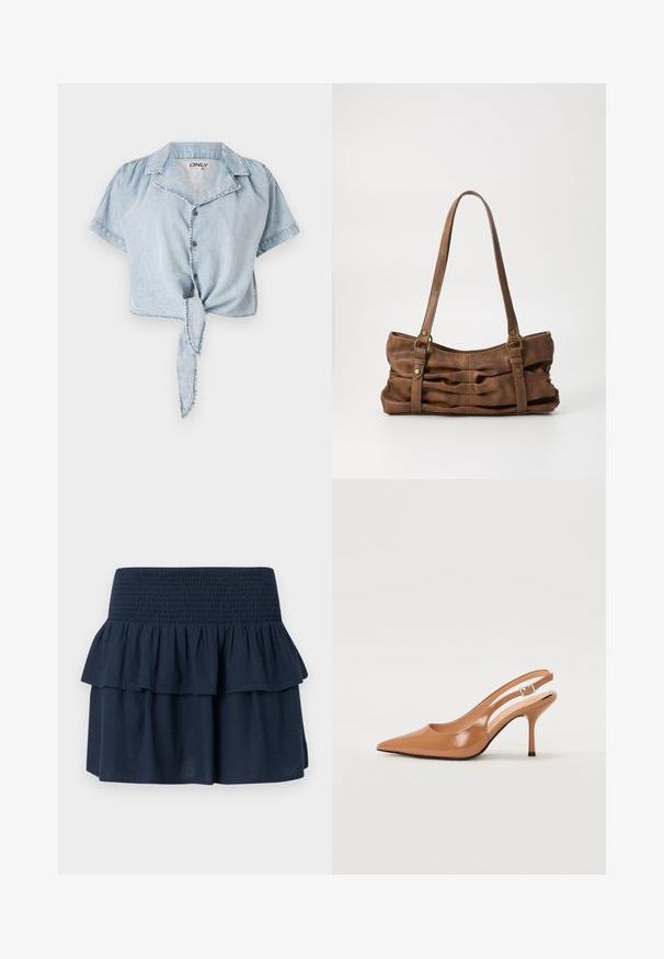Lyseblå cropped denimskjorte med korte ærmer, knaplukning foran, krave og bånddetalje i taljen. Let falmet tekstur og synlig syning.; Marineblå mininederdel med bredt smocked taljebånd og lagdelte flæsedetaljer øverst.; Spids tå slingback hæl i et glat, blankt tan materiale. Har et buet udskæring design og en slank stiletto hæl. Sølv spænde detalje.; Even&Odd Håndtasker - brown