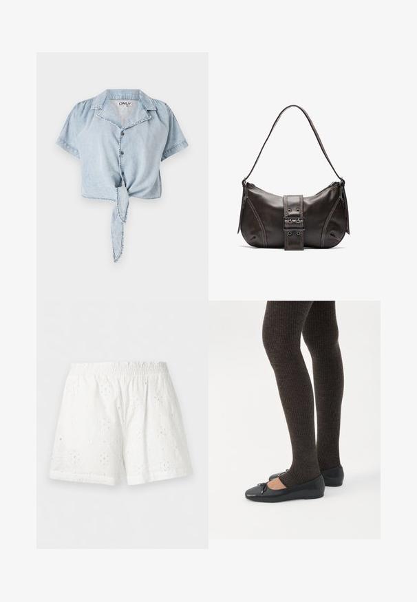 Lyseblå cropped denimskjorte med korte ærmer, knaplukning foran, krave og bånddetalje i taljen. Let falmet tekstur og synlig syning.; Hvide shorts med elastik i taljen, blomsterbroderi med hulmønster og en let tekstureret stof.; Ben iført mørke ribbede leggings kombineret med sorte balletsko med små sløjfedetaljer på hvid baggrund.; Brun læder skuldertaske med en buet form, der har et fremtrædende spænde, kontrasterende syninger og en enkelt skulderrem.