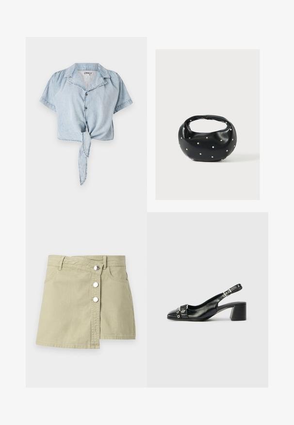Lyseblå cropped denimskjorte med korte ærmer, knaplukning foran, krave og bånddetalje i taljen. Let falmet tekstur og synlig syning.; Beige denim omlægningnederdel med sølvfarvede trykknapper foran og bæltestropper, der har en let overlapning på højre side foran.; Sorte læder slingback hæl med spids tå, tekstureret rem med cirkulære metalliske accenter, og en stablet blokhæl.; Sort læderhåndtaske med en rundet form, dekoreret med sølvnitter, og et kort håndtag. Glat tekstur og lynlåslukning.