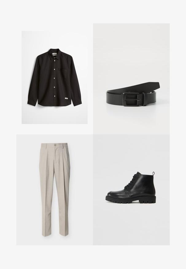 Chemise noire à manches longues avec boutons, une poche poitrine unique, un col pointu, et une petite étiquette blanche près de l'ourlet inférieur sur fond blanc.; Pantalon beige pour hommes, coupe ajustée, avec plis devant, passants pour ceinture, fermeture à bouton, et coupe droite, présenté sur fond blanc.; Bottines en cuir noir à bout rond, avec des lacets à l'avant et une semelle en caoutchouc texturée. Comprend une languette à l'arrière pour un enfilage facile.; Ceinture en cuir noir avec une boucle en métal noir mat, présentant une texture lisse et un design simple. Longueur réglable avec une extrémité effilée.