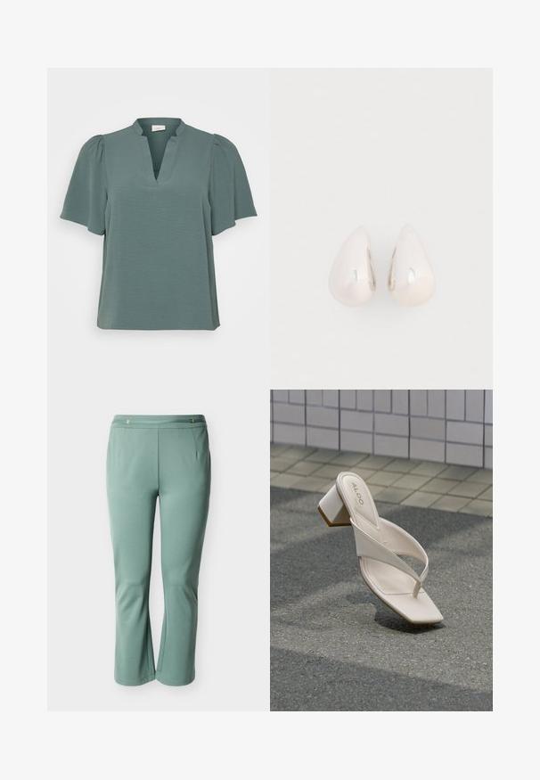 Teealipun kidoo tkaninyh akara, V-yse hohoro, na nkofo iko ovanyoro. Nka paluake ome diyo n'ugude nyire na etaa e maaga hee torment.; Vihreät slim-fit-housut, joissa on hieman levenevä lahje ja koristeelliset metallikoristeet vyötäröllä.; Beigen värinen korkokengäsandaali, jossa on neliömäinen kärki ja ristikkäiset remmit, harmaalla asfaltilla lähellä laatoitettua seinää taustalla.; Hopeakupulet, joissa on sileä, heijastava pinta ja pisaramainen muoto. Korvaketjussa on saumaton muotoilu ilman näkyviä koristeita.