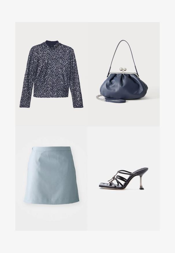 Marineblauwe paillettenblouse met lange mouwen, hoge kraag en een rits aan de achterkant. Heeft een textuur met dicht op elkaar geplaatste glanzende pailletten.; Lichtblauwe rok van gladde stof, met een rechte snit, een smalle tailleband en minimale stikdetails aan de zoom.; Zwarte sandaal met hoge hak en bandjes, met een vierkante neus en een dunne naaldhak, voorzien van overlappende bandjes en een knoopdetail op het bovenwerk.; Zachte navyblauwe leren handtas met zilveren sluiting, enkele schouderband en afneembare ketting polsband op witte achtergrond.