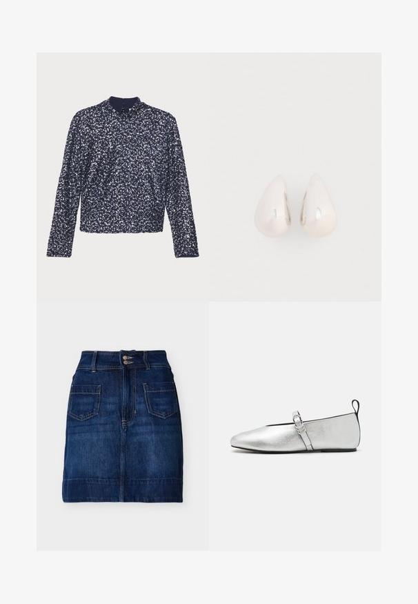 Marineblauwe paillettenblouse met lange mouwen, hoge kraag en een rits aan de achterkant. Heeft een textuur met dicht op elkaar geplaatste glanzende pailletten.; Donkerblauwe denim rok met voorzakken, dubbele knoopsluiting, riemlussen en zichtbare stiksels, plat gelegd op een witte achtergrond.; rag & bone SPIRE MARY JANE - Ballerina's met enkelbandjes - silver; Zilveren metalen druppeloorbellen met een gladde, reflecterende oppervlakte en een druppelvorm, voorzien van een naadloos ontwerp en zonder zichtbare versieringen.