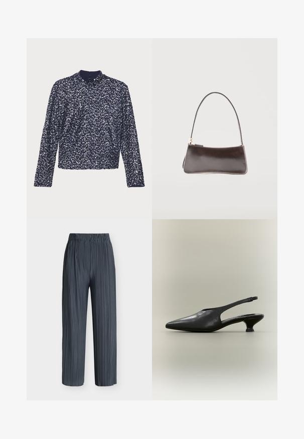 Marineblauwe paillettenblouse met lange mouwen, hoge kraag en een rits aan de achterkant. Heeft een textuur met dicht op elkaar geplaatste glanzende pailletten.; Donkergrijze broek met wijde pijpen, verticale plooien en een elastische tailleband, weergegeven op een effen witte achtergrond.; Zwarte leren slingback schoen met puntige neus en lage kittenhak op een neutrale achtergrond.; Kleine rechthoekige donkerbruine leren handtas met een enkele riem en een goudkleurige ritssluiting.