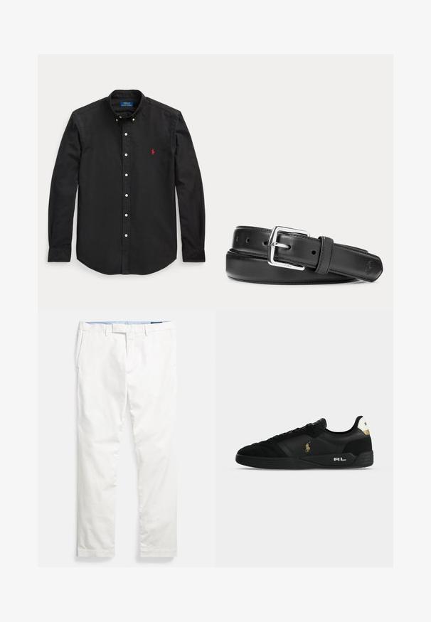 Schwarzes langärmliges Hemd mit Knöpfen, mit rotem, besticktem Logo auf der linken Brustseite und einem Button-Down-Kragen.; Weiße Baumwoll-Chinos mit flacher Vorderseite, Gürtelschlaufen, Seitentaschen und einer glatten Textur, mit einem blauen inneren Bund.; Schwarzer Sneaker mit niedrigem Schaft, goldenem Polo-Logo an der Seite, weißem Fersenband mit Polo-Schriftzug und „RL“ in Weiß auf schwarzer Sohle.; Schwarzer Ledergürtel mit silberner rechteckiger Schnalle, aufgerollt auf weißem Hintergrund, mit dezent geprägt Logo an der Spitze.