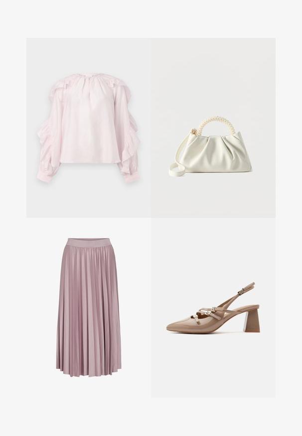 Blusa rosa con mangas con volantes y escote fruncido. Fabricada en tejido ligero, tiene puños elásticos y un corte relajado.; Falda larga con pliegues en suave tela rosa, que presenta una cintura elástica. La textura suave y el diseño fluido realzan su forma general.; Zapato slingback de charol beige con punta afilada, tres tiras finas con hebillas plateadas y un tacón ancho de bloque.; Pequeño bolso blanco con cuerpo fruncido, asa redonda adornada con perlas y una correa de hombro desmontable sobre un fondo liso.