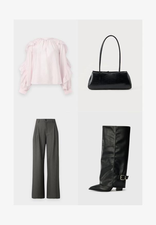 Blusa rosa con mangas con volantes y escote fruncido. Fabricada en tejido ligero, tiene puños elásticos y un corte relajado.; JDY JDYGRACE RIVER WIDE PANT - Pantalones - dark grey/cloud dancer; Botas de cuero negro hasta el tobillo con punta afilada, textura suave y un detalle de hebilla plateada en el lado. Tacón cuadrado grueso.; Bolso de hombro rectangular negro con correas largas y delgadas y una textura lisa y brillante sobre un fondo liso.