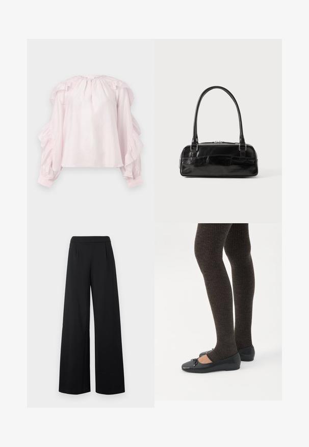 Blouse rose à manches volantes et encolure froncée. Fabriquée en tissu léger, elle dispose de poignets élastiqués et d'une coupe décontractée.; Pantalons larges noirs avec une texture lisse, dotés d'une taille haute et de plis subtils pour une touche supplémentaire de détail.; Jambes portant des leggings côtelés foncés associés à des ballerines noires avec de petits détails en nœud sur fond blanc.; Sac à main en cuir noir de forme rectangulaire, doté d'une seule ansse structurée, de quincaillerie argentée et d'une fermeture éclair. Texture lisse.