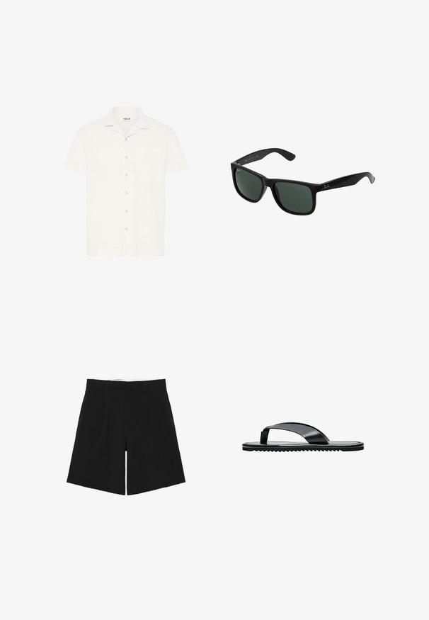 Chemise blanche à manches courtes et col, avec une poche, présentant des détails de col contrastants et une texture subtile, fermée par des boutons sur le devant.; Short noir sur mesure avec passants de ceinture, plis devant et poches latérales, posé à plat sur un fond blanc.; Sandale tongs plates noires avec une large bride d’orteil et une semelle texturée, vue de profil sur fond blanc.; Lunettes de soleil en plastique noir avec des verres verts, présentant une monture carrée, une finition lisse et le logo Ray-Ban bien visible sur les branches.