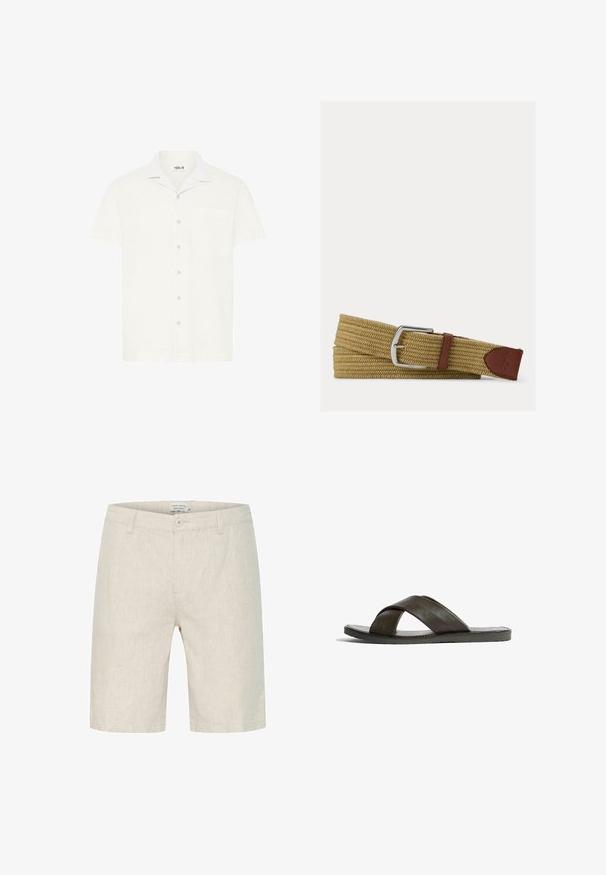 Chemise blanche à manches courtes et col, avec une poche, présentant des détails de col contrastants et une texture subtile, fermée par des boutons sur le devant.; Shorts en lin beige avec un devant plat, un bouton à la taille et des poches latérales. Le tissu a une texture subtile et arrive aux genoux.; Des sandales en cuir marron présentent des lanières croisées et une semelle plate. La texture est lisse avec un léger éclat. Design minimaliste et construction légère.; Ceinture tressée en tissu beige avec boucle métallique argentée et détails en cuir marron, comprenant un patch logo cousu à l'extrémité.